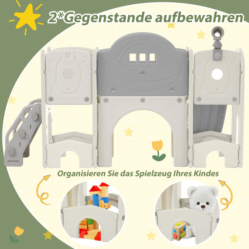 10 in 1 Kinderrutsche Kletterspielzeug, Multifunktionsrutsche Rutschen, freistehende Rutsche, Klettern, Bohrspiel, Stauraum, Spielkorridor, Basketballkorb, Lasso-Spiel, Reißbrett, Golfspiel, Teleskop.