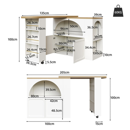 Ausziehbarer Bartisch 135-205cm mit LED & USB, Mobiler Hochtisch Weiß, Teleskop-Kücheninsel mit Stauraum & Soft-Close, Modernes Bogendesign