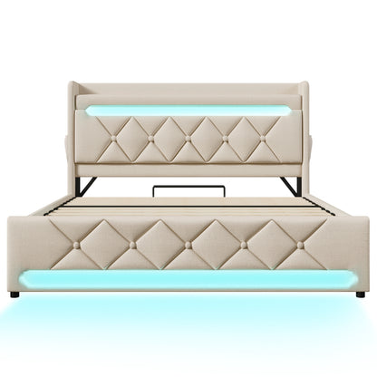 Polsterbett Doppelbett 160*200, Stauraum Kopfteil mit USB und Typ C-Port ,360-Surround-LED-Funktion rund um Kopf- und Fußende des, Betten mit Hydraulisch Stauraum, Beige , Leinen(Ohne Matratze)