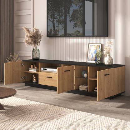 TV-Schrank mit einer Schublade, drei Türen, zwei offene Fächer mit Glas TV-Möbel, TV-Board, TV-Lowboard Feinstruktur. Schwarze und natürliche Holzfarben. 15 variable LED-Leuchten.