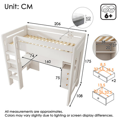 Kinderbett Hochbett mit L-förmigem Schreibtisch, Regalen und Schubladen mit USB/Type-C Ladebereich, Jugend-Einzelbett mit Leiter und Holzlattenrost, 90×200cm, Weiß, ohne Matratze.