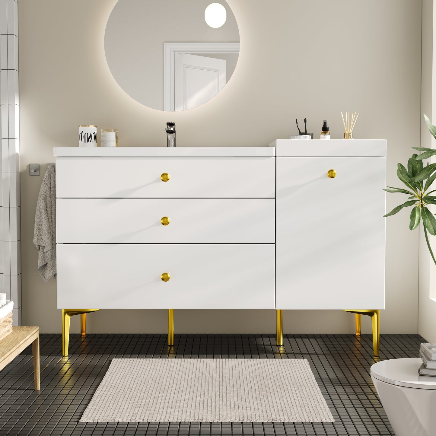 Badezimmerschrank mit Waschbecken, Moderner Stil, Badmöbel, Weiß