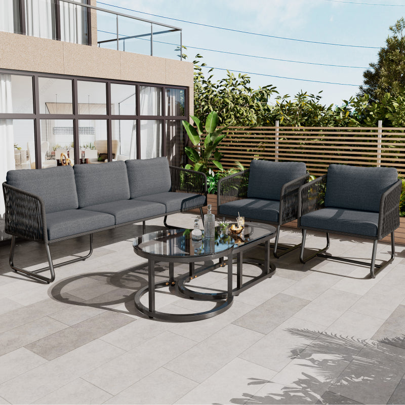 Garten-Lounge-Set mit Rahmen aus verzinktem Eisen, Gartenmöbel-Set aus Seil, graues Seil, verstellbare Füße, Tischplatte aus glattem Glas, 5er-Set, inklusive aller Sitz- und Rückenkissen