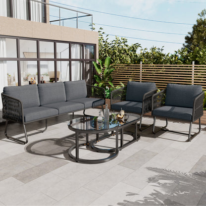 Garten-Lounge-Set mit Rahmen aus verzinktem Eisen, Gartenmöbel-Set aus Seil, graues Seil, verstellbare Füße, Tischplatte aus glattem Glas, 5er-Set, inklusive aller Sitz- und Rückenkissen