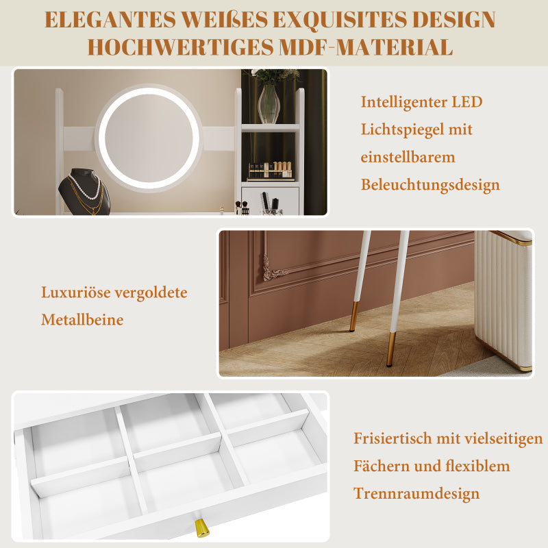 Schminktisch(Ohne Stühle), mit Spiegel einstellbare Helligkeit, mit 3 Schubladen, luxuriöses vergoldetes Zubehör, High-End Schminktisch mit mehreren Stauräumen, Weiß