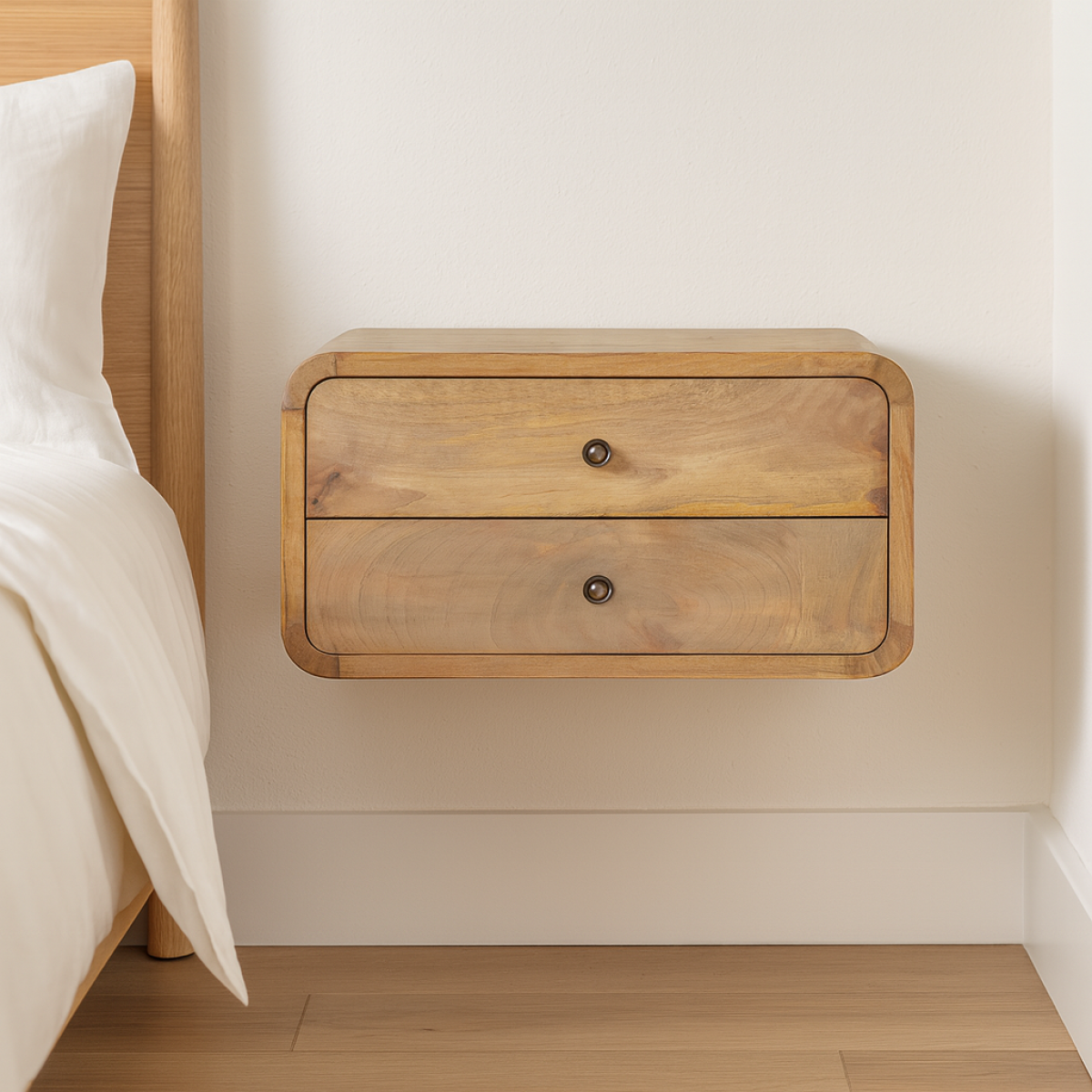 Schwebender Nachttisch aus massivem Mangoholz – Oak-ish Finish, 2 Schubladen, Wandmontage, Handgefertigt, Fertig montiert, 45x32x25 cm