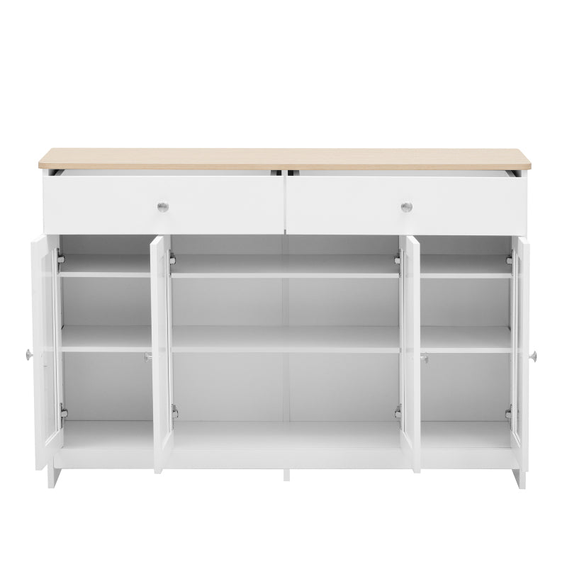 Sideboard mit weißer Holzmaserung, vier Türen, mit zwei Schubladen, Tür mit Glas. Wohnzimmer, Esszimmer. Holzfarbe und Weiß