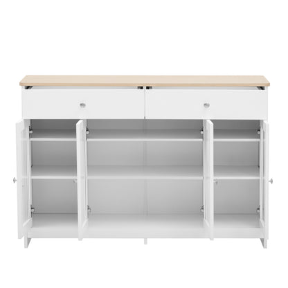 Sideboard mit weißer Holzmaserung, vier Türen, mit zwei Schubladen, Tür mit Glas. Wohnzimmer, Esszimmer. Holzfarbe und Weiß