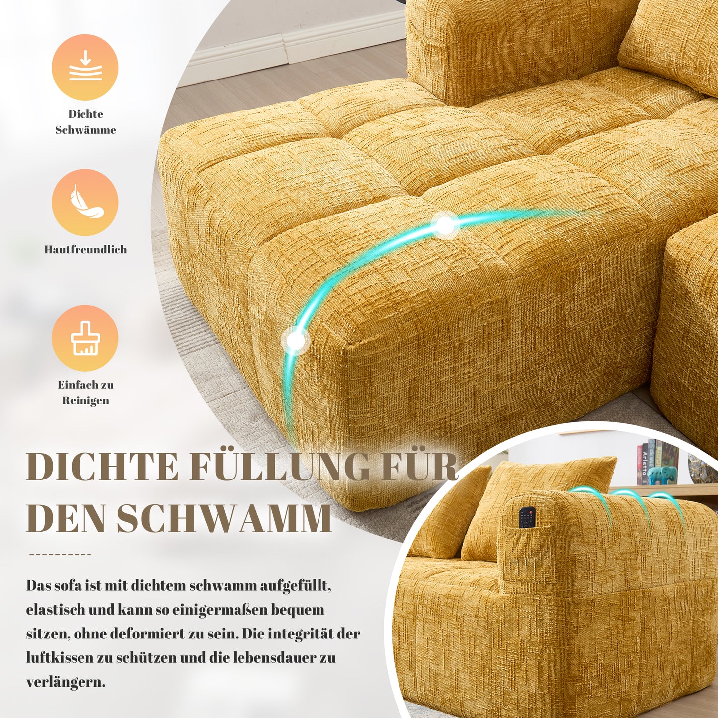 Modernes Sektionssofa, L-Sofa, 3-Sitzer-Sofa, keine Installation erforderlich, Chenille-Sofa mit Chaiselongue und Armlehnen, 3 Kissen, Seitentasche für Fernbedienung, Gelb