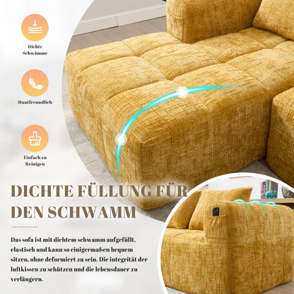 Modernes Sektionssofa, L-Sofa, 3-Sitzer-Sofa, keine Installation erforderlich, Chenille-Sofa mit Chaiselongue und Armlehnen, 3 Kissen, Seitentasche für Fernbedienung, Gelb