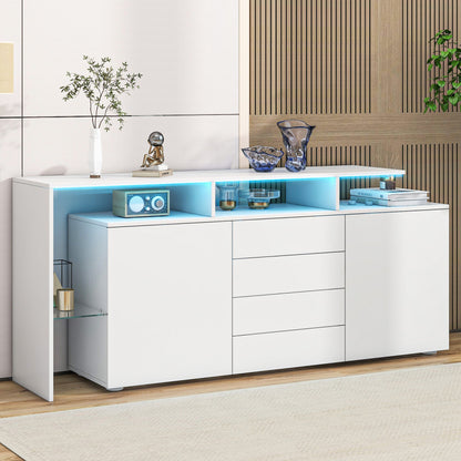 Kommode, Sideboard mit LED, Wohnzimmermöbel in Weiß Hochglanz, Wohnzimmerschrank, Standschrank, TV-Schrank, Wohnzimmerwand, Highboard, Mehrzweckschrank, LED-Vitrine, Buffetschrank Esszimmer