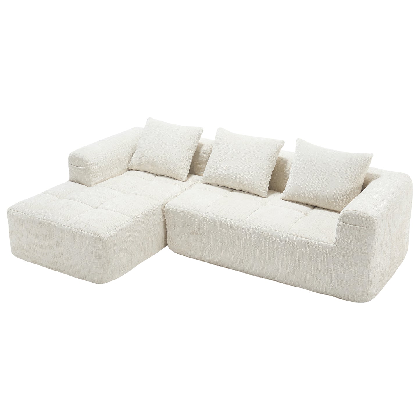 Modernes Sektionssofa, L-Sofa, 3-Sitzer-Sofa, keine Installation erforderlich, Chenille-Sofa mit Chaiselongue und Armlehnen, 3 Kissen, Seitentasche für Fernbedienung, Beige
