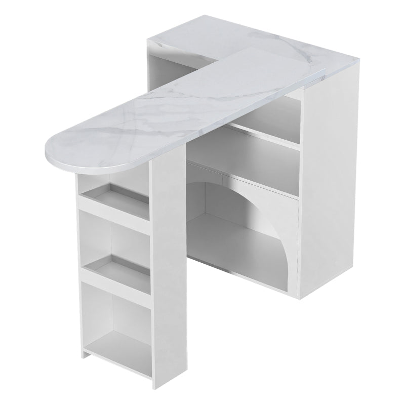 Drehbarer ausziehbarer Thekentisch & Esstisch, 120(+80)×40×100 cm – moderner, hoher Tisch in Marmoroptik mit integriertem Haustierbereich. Farbe: Weiß.
