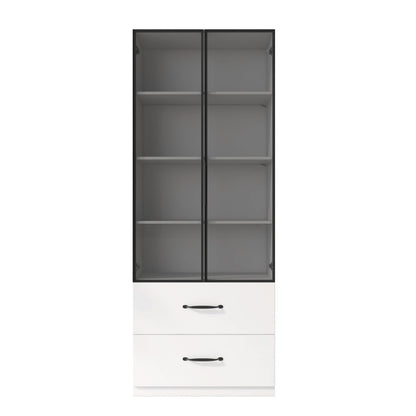 Glasvitrine, Bücherregal und Multifunktionsschrank mit Beleuchtung und Schubladen, mehrfarbige LED, 60×40×160 cm White