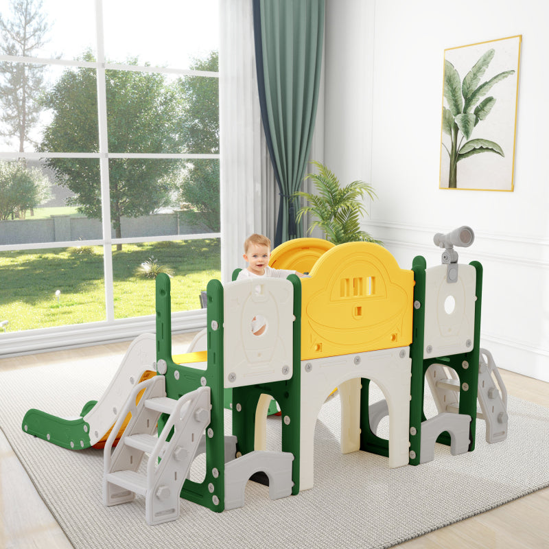 8 in 1 Kinderrutsche Kletterspielzeug, Multifunktionsrutsche mit 2 Rutschen, freistehende Rutsche, Klettern, Bohrspiel, Stauraum, Spielkorridor, Basketballkorb, Lasso-Spiel, Teleskop