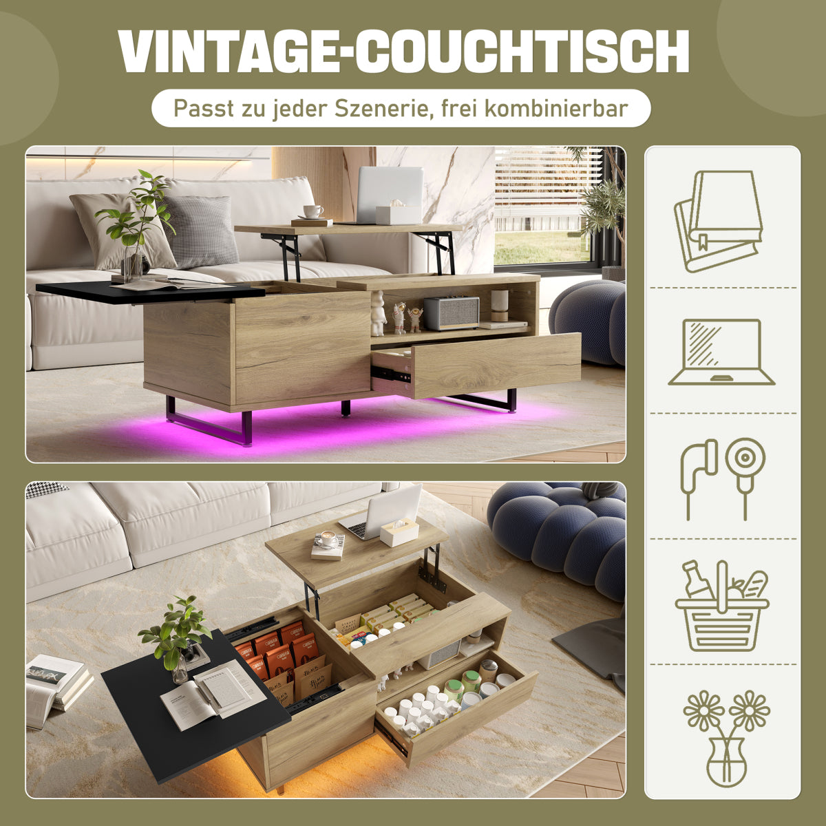 Couchtisch mit LED-Beleuchtung, Tischplatte höhenverstellbar, Holzoptik/Schwarz