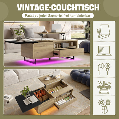 Couchtisch mit LED-Beleuchtung, Tischplatte höhenverstellbar, Holzoptik/Schwarz