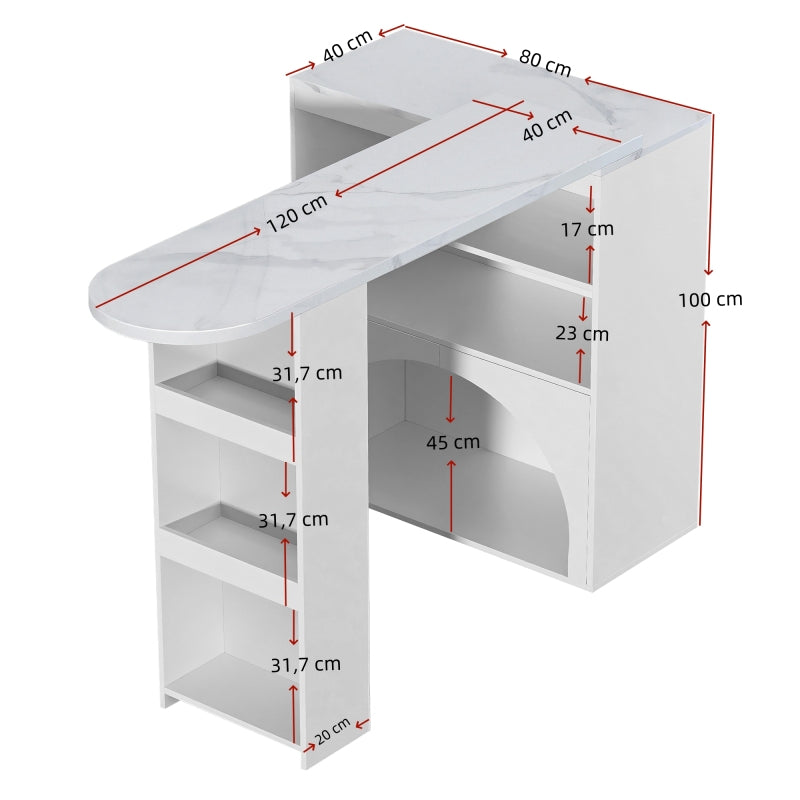 Drehbarer ausziehbarer Thekentisch & Esstisch, 120(+80)×40×100 cm – moderner, hoher Tisch in Marmoroptik mit integriertem Haustierbereich. Farbe: Weiß.