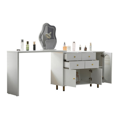 Schminktisch, Kosmetiktisch-Set mit Spiegel und Beleuchtung, ausziehbare Tischplatte, links-rechts wechselbar, 3-farbige LED-Beleuchtung, Maße: B100/H74.5/T40 cm (ohne Hocker)