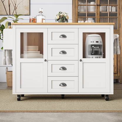 Kücheninsel,Küchenschrank,Buffetschrank,120x73(45)x93cm,ausziehbarer Küchenwagen mit Rollen, Handtuchhalter, Gewürzregal, verstellbaren Einlegeböden, zwei Türen, vier Schubladen, weiß