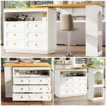 Bartisch ausziehbar 138-203cm, 360° drehbarer Stehtisch mit 6 Schubladen & Snack-Regal, moderner Küchentisch, Schreibtisch & Bar, Weiß