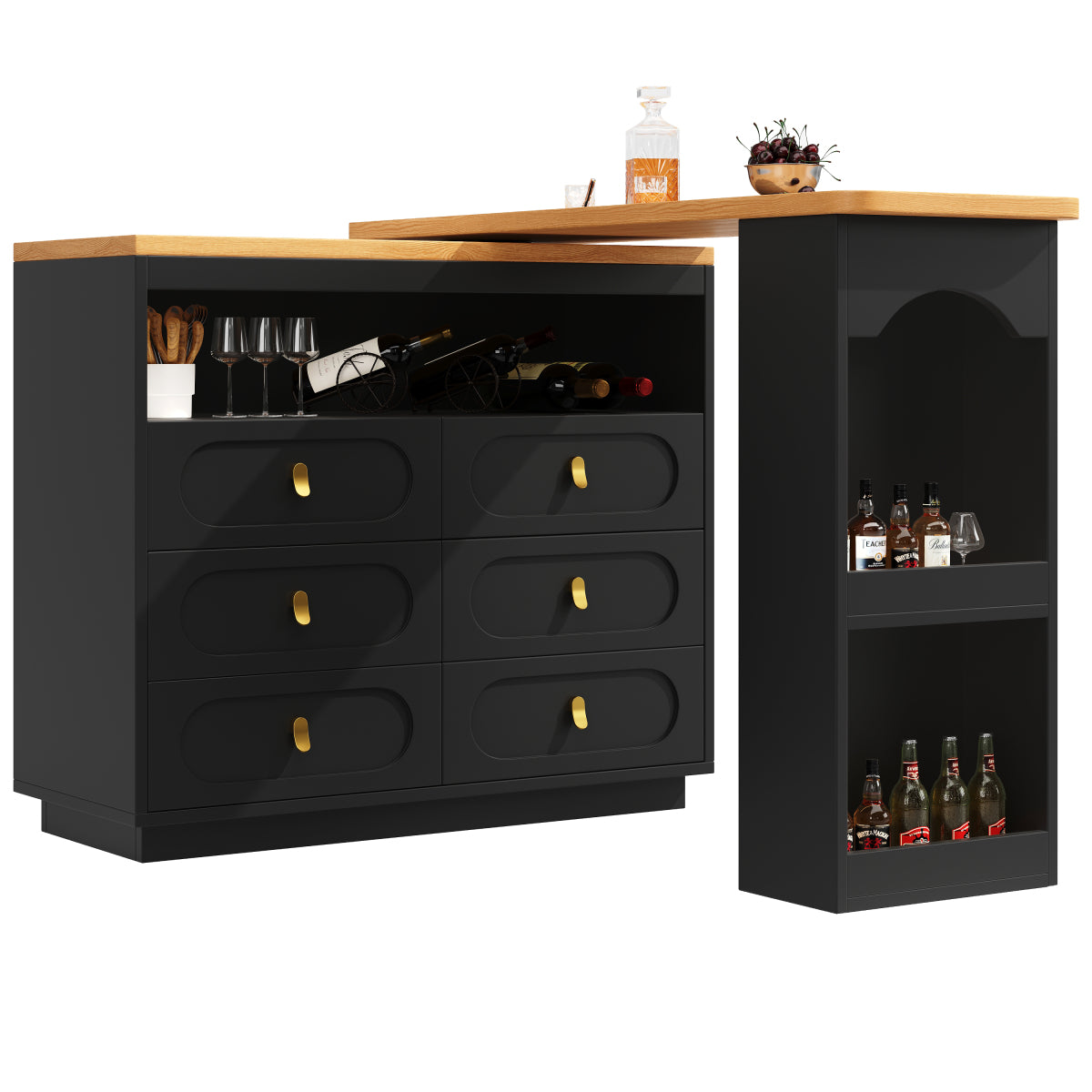 Bartisch ausziehbar 138-203cm, 360° drehbarer Stehtisch mit 6 Schubladen & Snack-Regal, moderner Küchentisch, Schreibtisch & Bar, Schwarz