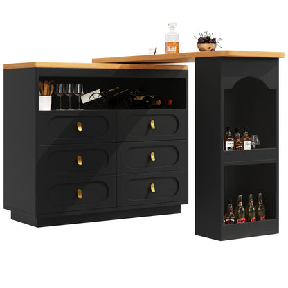 Bartisch ausziehbar 138-203cm, 360° drehbarer Stehtisch mit 6 Schubladen & Snack-Regal, moderner Küchentisch, Schreibtisch & Bar, Schwarz