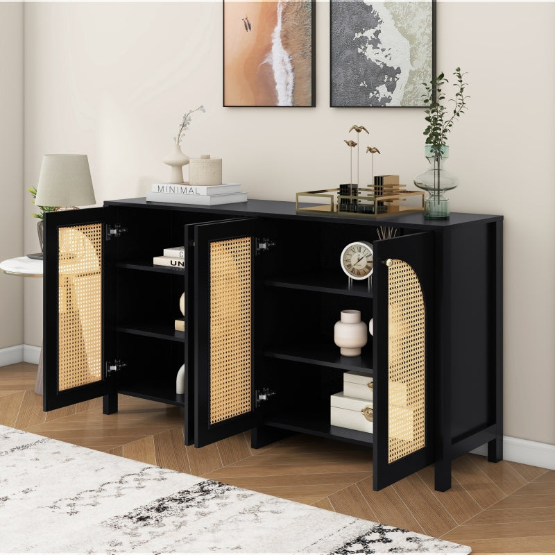 Modernes Sideboard im minimalistischen Stil 4-Rattantür, Metallgriff einfaches Buffetschrank für Esszimmer, Wohnzimmer, Küche (Schwarz)