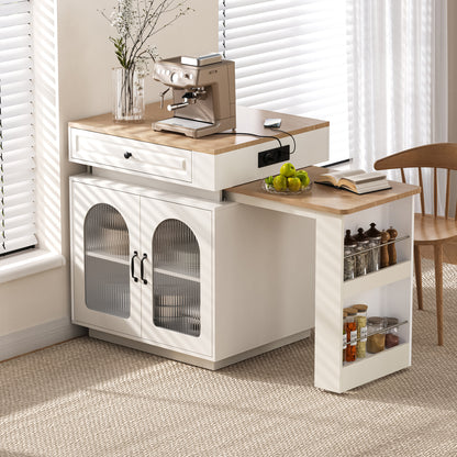 Kücheninsel mit Rollen, ausziehbarer Esstisch 128–200 cm mit LED & Steckdosen, Bartisch/Sideboard