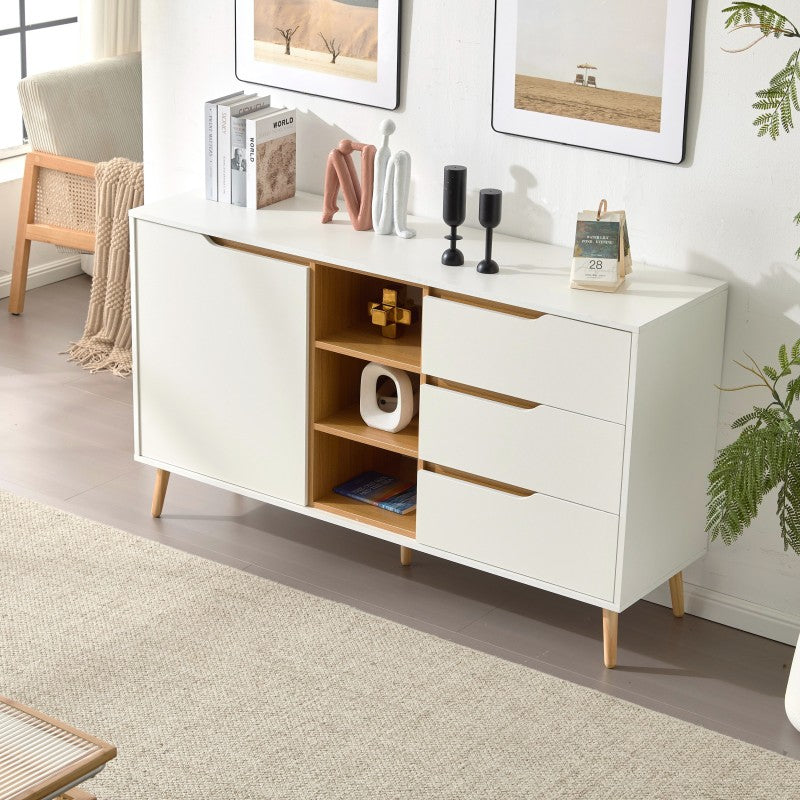 Modernes weißes Sideboard mit Einlegeböden, 3 Schubladen und offenem Stauraum, mit Kippschutz-Design – geeignet für Küche, Esszimmer und Wohnzimmer