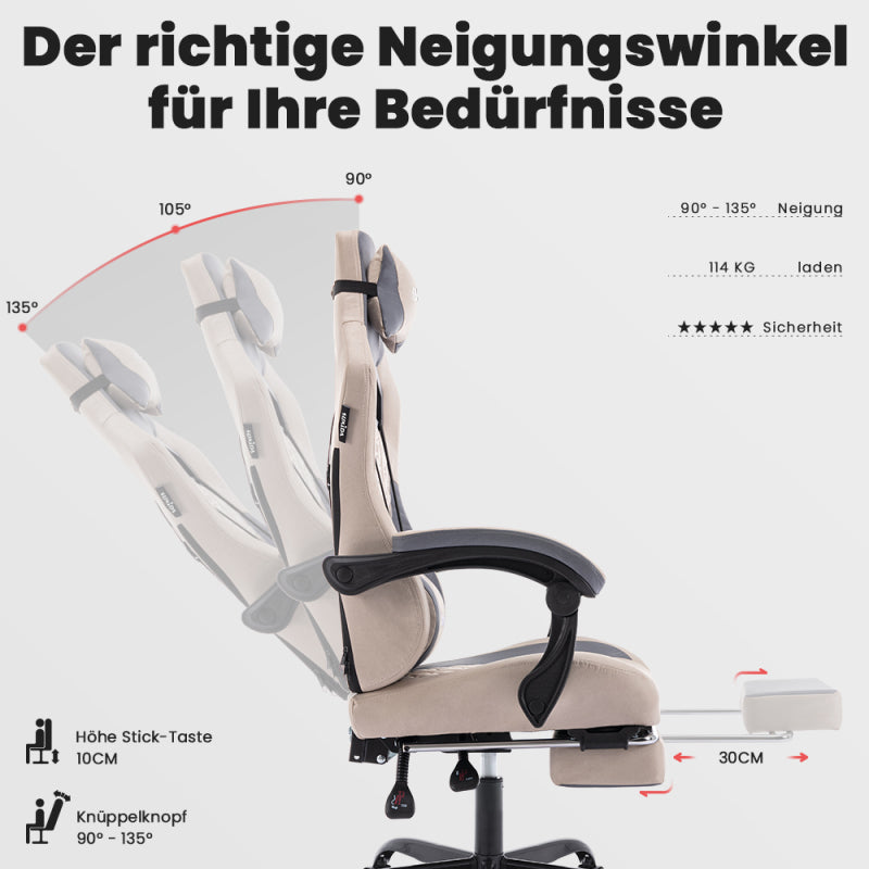 Gaming Stuhl, Ergonomischer Gaming-Stuhl mit Fußstütze, Racing Gaming Chair Kopfstütze Verstellbarer Computerstuhl Höhenverstellbar Lendenwirbelstütze für Homeoffice und Gaming Beige