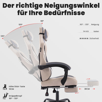 Gaming Stuhl, Ergonomischer Gaming-Stuhl mit Fußstütze, Racing Gaming Chair Kopfstütze Verstellbarer Computerstuhl Höhenverstellbar Lendenwirbelstütze für Homeoffice und Gaming Beige