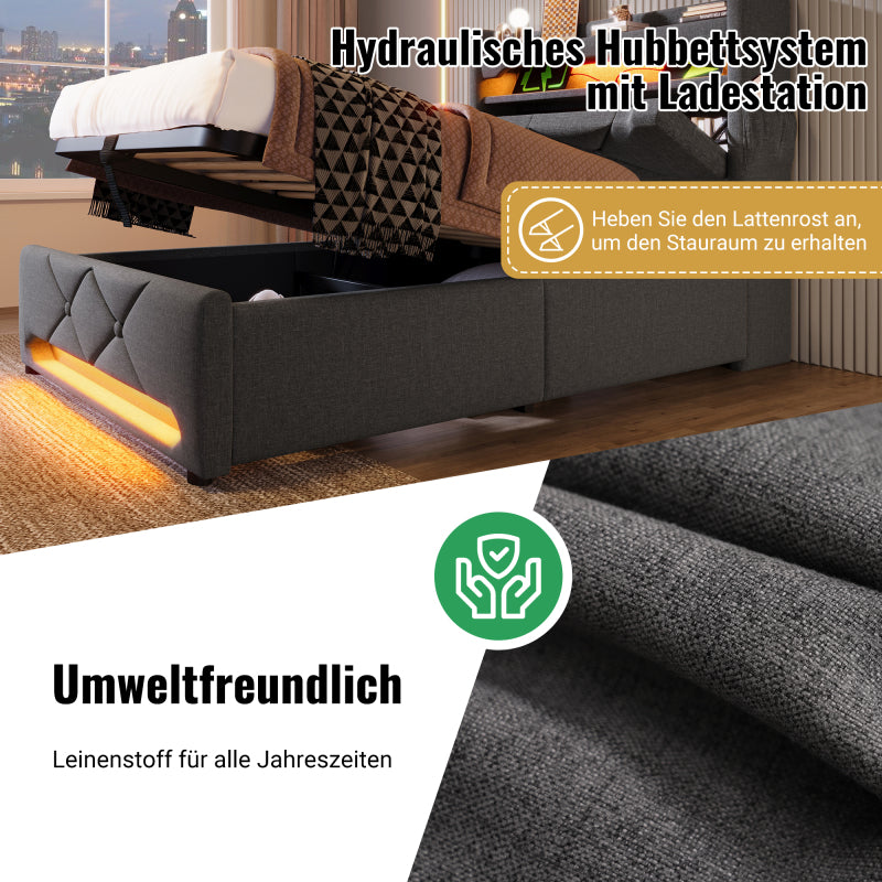 Polsterbett Doppelbett 180*200, Stauraum Kopfteil mit USB und Typ C-Port ,360-Surround-LED-Funktion rund um Kopf- und Fußende des, Betten mit Hydraulisch Stauraum, Grau , Leinen(Ohne Matratze)