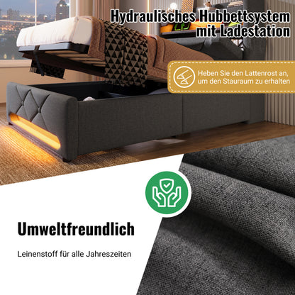 Polsterbett Doppelbett 180*200, Stauraum Kopfteil mit USB und Typ C-Port ,360-Surround-LED-Funktion rund um Kopf- und Fußende des, Betten mit Hydraulisch Stauraum, Grau , Leinen(Ohne Matratze)