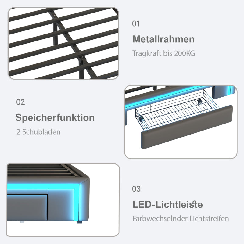 Bettgestell 90X200 mit Schubladen, PU-Leder Bett ohne Kopfteil Mit LED-Lichtleiste, MetalllattenPlattformbett für moderne Schlafzimmer Grau