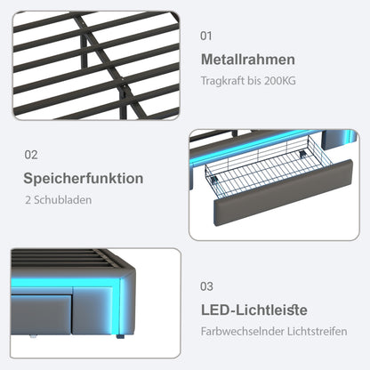 Bettgestell 90X200 mit Schubladen, PU-Leder Bett ohne Kopfteil Mit LED-Lichtleiste, MetalllattenPlattformbett für moderne Schlafzimmer Grau