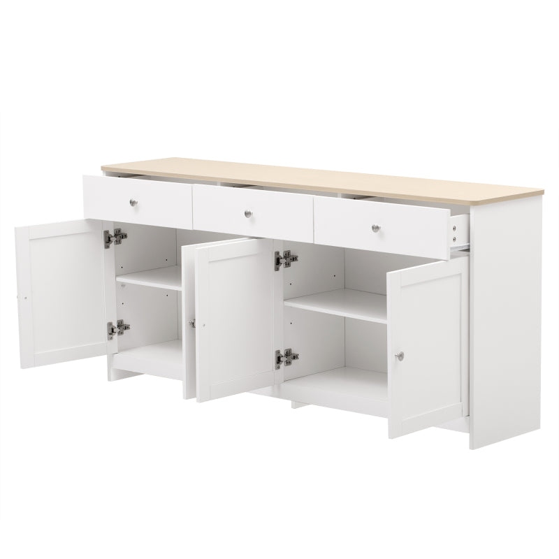 Sideboard mit weißer Holzmaserung, vier Türen, mit drei Schubladen, Wohnzimmer, Esszimmer. Holzfarbe und Weiß