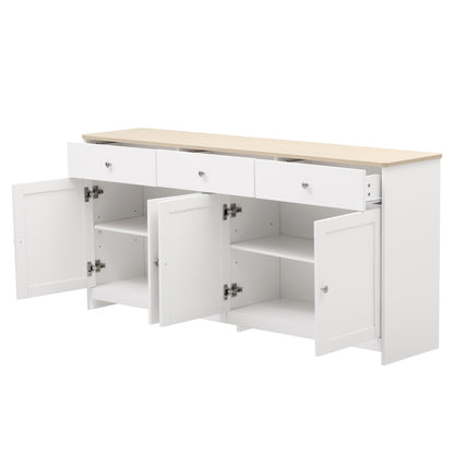 Sideboard mit weißer Holzmaserung, vier Türen, mit drei Schubladen, Wohnzimmer, Esszimmer. Holzfarbe und Weiß