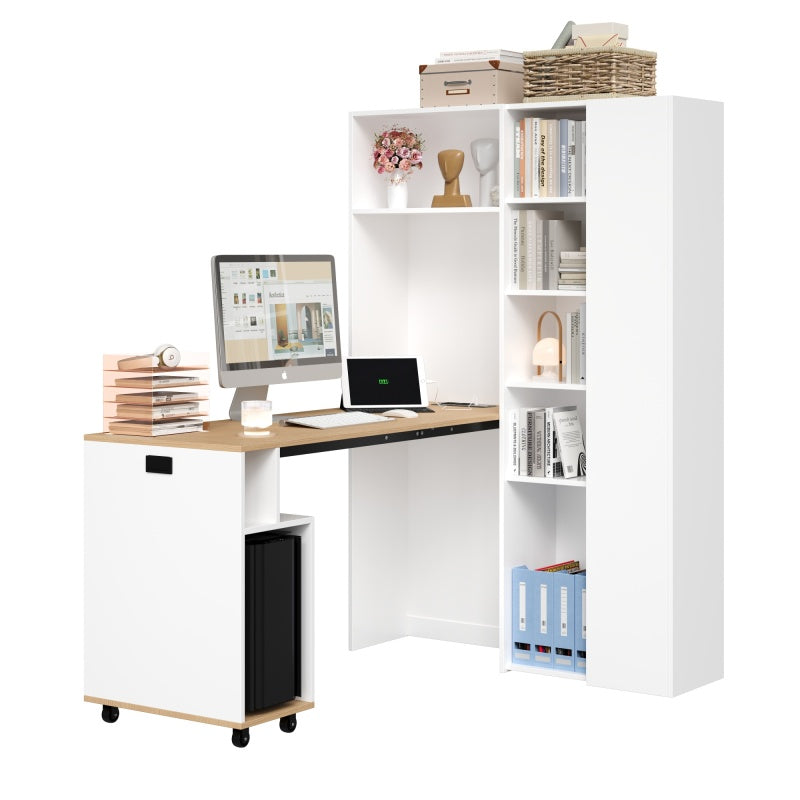 Klappbarer Schreibtisch mit Ablagen –2-in-1-Bücherregal und Schreibtisch, klappbar, mit Steckdose und USB-Anschluss, Kippschutz, weiß