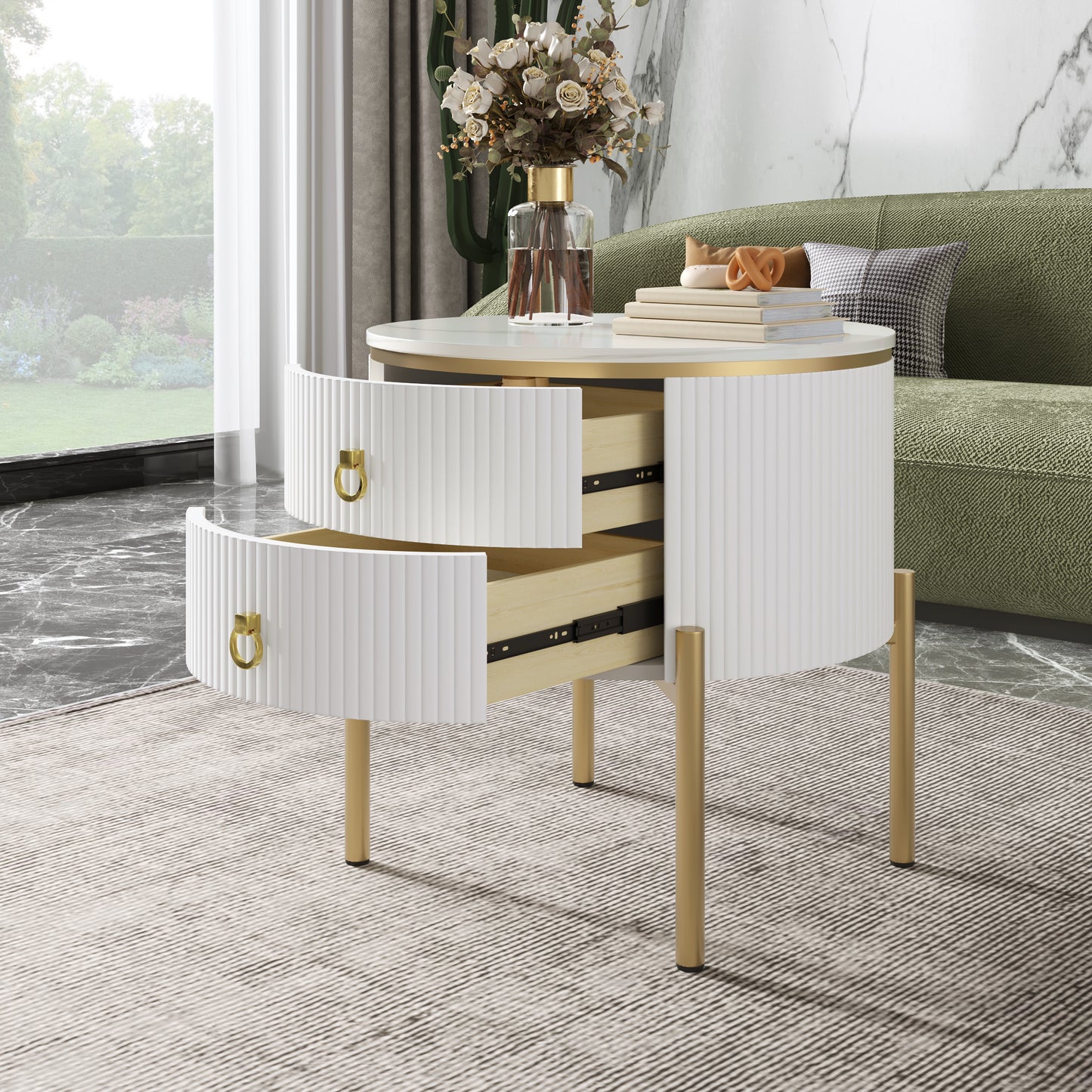 Beistelltisch, Couchtisch mit Schubladen, Marmorstruktur, goldenen Beinen und Griffen