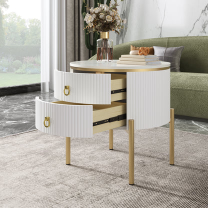 Beistelltisch, Couchtisch mit Schubladen, Marmorstruktur, goldenen Beinen und Griffen