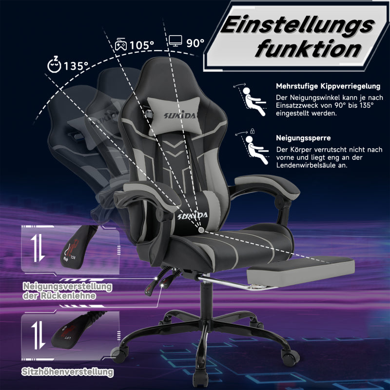 Gaming Stuhl Computerstuhl Ergonomischer Gaming Chair mit Fußstütze Bürostuhl Ergonomischer Computerstuhl mit Lendenwirbelstütze BlackGrey