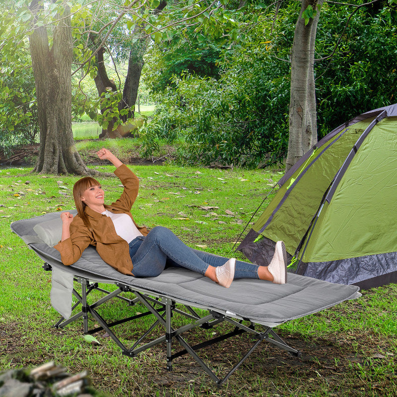 Campingbett Klappbares Feldbett mit Kopfkissen und Seitentasche, Matratze in Hellgrau, belastbar bis 150kg
