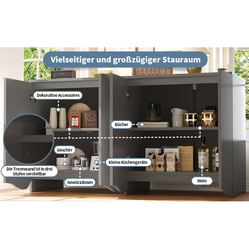 Sideboard(140×40×85cm), buffetschrank, cabinets, Esszimmer Wohnzimmer Aufbewahrungsschränke, Gemusterte Schränke, Freistehende Schränke, Küchenmöbel,Wellenmuster-Design, Grau