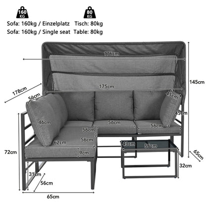 Garten Loungesessel Set, Iron Sunny Island Sitzgruppe Hocker und Tisch mit Markise 4er Set Balkon und Garten Loungemöbel Terrassenmöbel Wetterfest Grau Inkl. aller Kissen(previous sku:HW24006AAA)