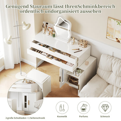 Schminktisch mit LED-beleuchtetem Spiegel, Weißes Schminktisch-Set mit ausziehbarem Design, moderner Kosmetiktisch für das Schlafzimmer  - Maße:B100/H78/T40 cm (ohne Hocker)