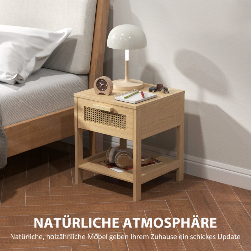 HOMCOM Nachttisch Nachtschrank Beistelltisch natürlicher Nachtkommode mit Schublade offenen Ablage Rattan-Design Natur 40 x 40 x 48,4 cm