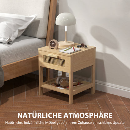 HOMCOM Nachttisch Nachtschrank Beistelltisch natürlicher Nachtkommode mit Schublade offenen Ablage Rattan-Design Natur 40 x 40 x 48,4 cm