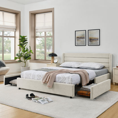 Doppelbett 160×200 cm aus Chenille mit 4 Schubladen, stabiles Bettgestell für Schlafzimmer & Eltern-Kind-Zimmer, Beige (ohne Matratze)