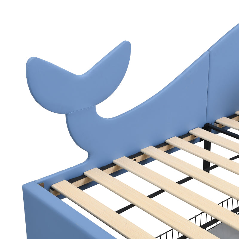 Kinder-Spleißbett, Polsterbett, Tagesbett, Walförmiges Design, Schlafsofa mit Metallbettgestell, 2 Schubladen auf Rollen, PU+MDF+Sperrholz, Blau, 90x200cm